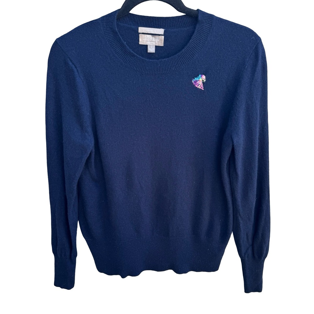 J Crew Cashmere Preppy Classic Fit Minimalist Sweater Embroidered Detail Navy S